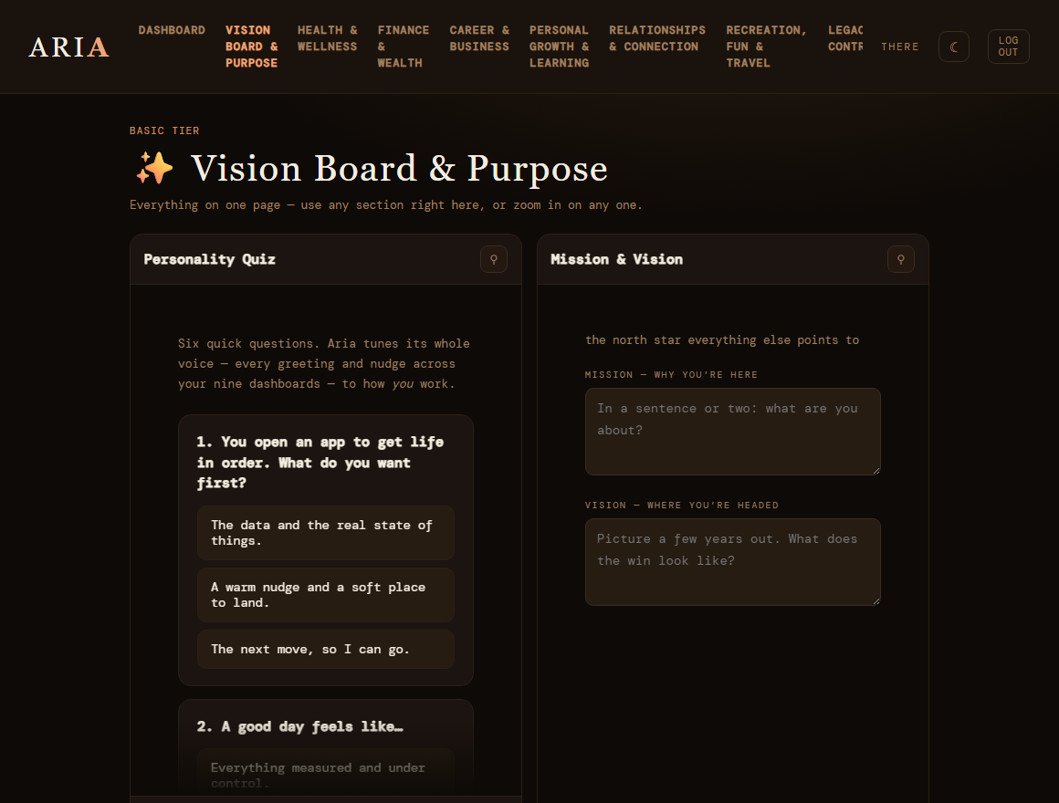 Aria Vision Board & Purpose dashboard